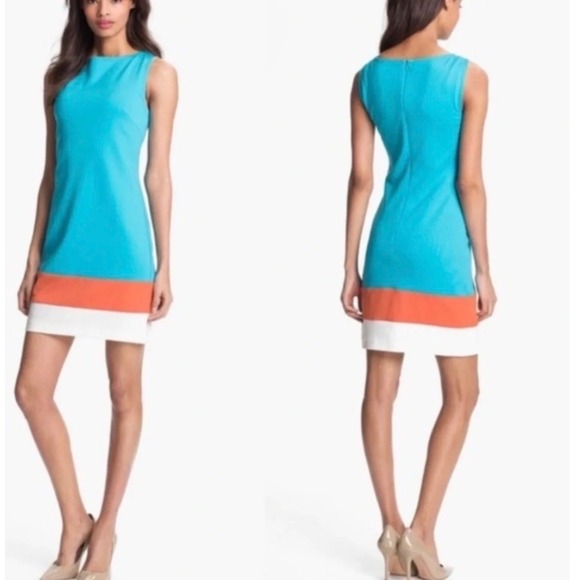 Trina Turk Dresses & Skirts - Trina Turk Blue Orange White Colorblock‎ Sleeveless Shift Dress Mini Boatneck